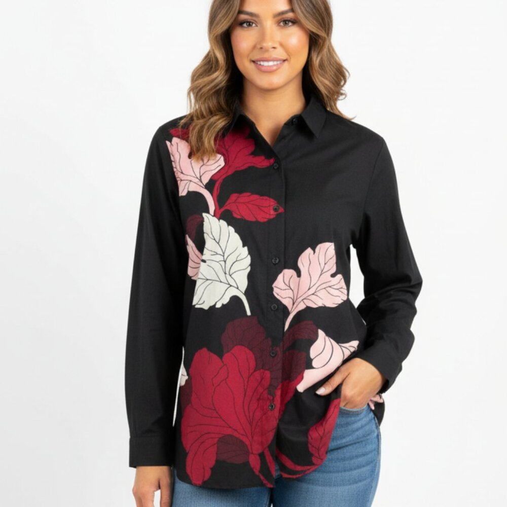 Luxe NWT Chico's No Iron Stretch Foliage Tunic Blouse 2/L Business Casual Travel